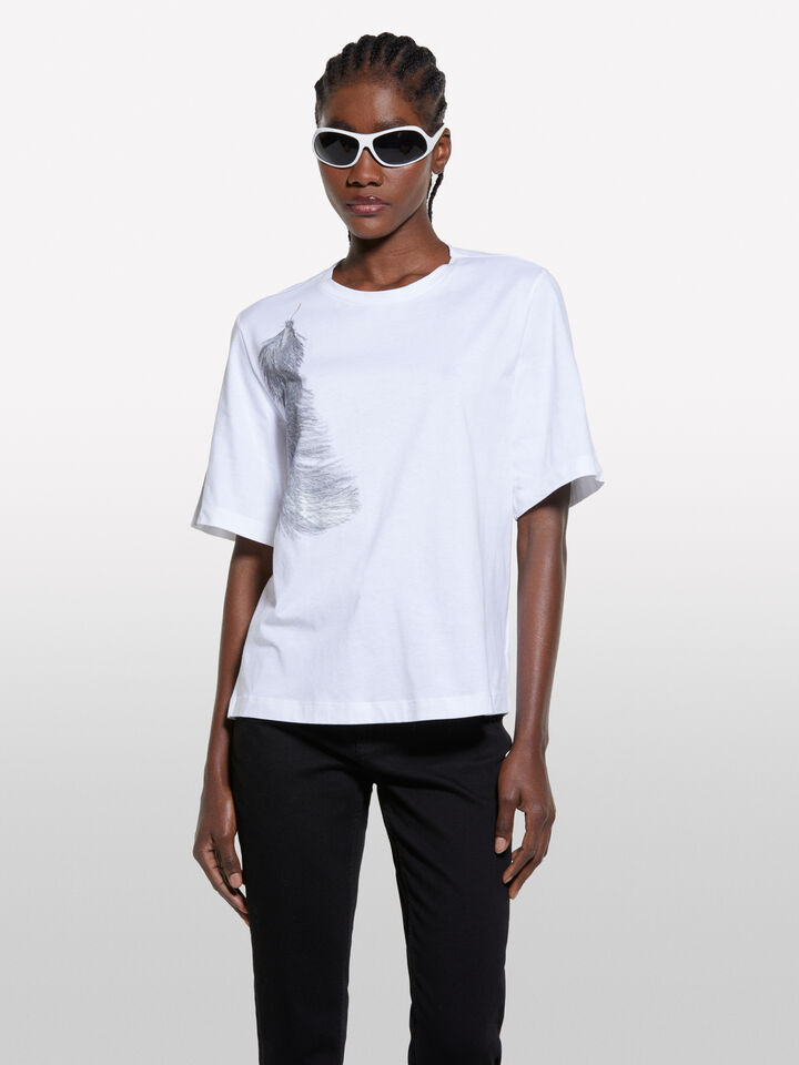 White t-shirt with feather print - women's short sleeve t-shirts - White | Sisley image number 4